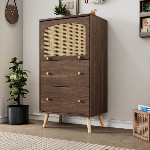 Breathable Rattan Storage Sideboard, 2 Drawer 1 Upward Flip Door Storage Bookcase Cabinet,Particleboard Freestanding Display Organiser Cupboard For Bedroom, Kitchen &Living Room, L 60 XW 40 XH 113 Cm