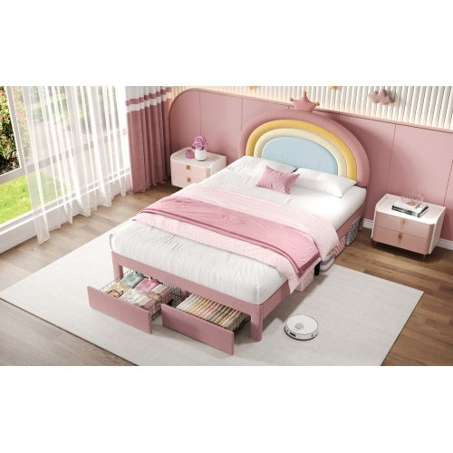 4ft6 Double Upholstered Bed With Adjustable Rainbow Headboard, Soft Velvet Bed Frame With Storage Drawer, Stylish Rainbow Headboard With Crown, No Box Spring Needed, Easy Assembly