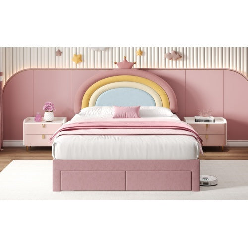 4ft6 Double Upholstered Bed With Adjustable Rainbow Headboard, Soft Velvet Bed Frame With Storage Drawer, Stylish Rainbow Headboard With Crown, No Box Spring Needed, Easy Assembly