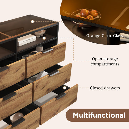 Sideboard Cabinet Dresser With 6 Drawers And 2 Open Shelves ,Amber Glass Chest Of Drawers, Anti-tip,Dressing Table For Living Room, Bedroom, And Children's Room, 120 X 40 X 80 Cm, Oak