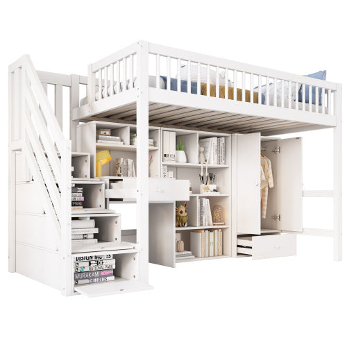 Kids Study Bed With Desk & Stairs - Children's Multifunctional Single Bed Frame UK 90x190cm, Solid Wood & MDF Construction, Built-in Wardrobe & Lockers, White Storage Bed No Mattress Included
