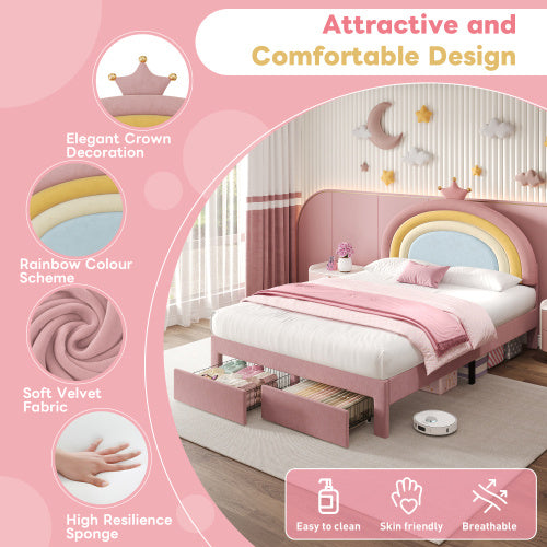 4ft6 Double Upholstered Bed With Adjustable Rainbow Headboard, Soft Velvet Bed Frame With Storage Drawer, Stylish Rainbow Headboard With Crown, No Box Spring Needed, Easy Assembly