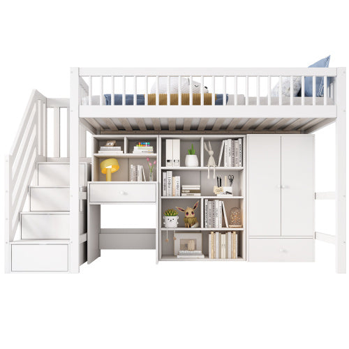 Kids Study Bed With Desk & Stairs - Children's Multifunctional Single Bed Frame UK 90x190cm, Solid Wood & MDF Construction, Built-in Wardrobe & Lockers, White Storage Bed No Mattress Included