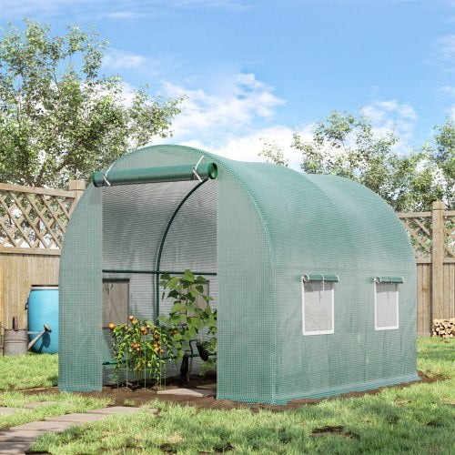 Outsunny 2.45 X 2m Polytunnel Greenhouse, Walk-in Greenhouse With Large Roll-Up Door  Windows, Plastic Cover, Steel Frame, Easy Access  Ventilation, Green
