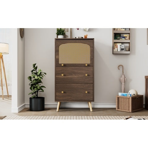 Breathable Rattan Storage Sideboard, 2 Drawer 1 Upward Flip Door Storage Bookcase Cabinet,Particleboard Freestanding Display Organiser Cupboard For Bedroom, Kitchen &Living Room, L 60 XW 40 XH 113 Cm