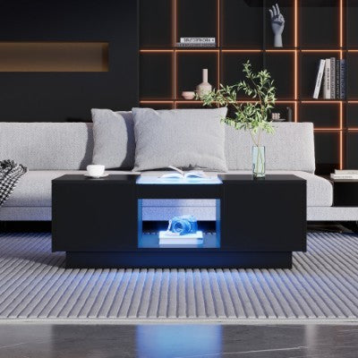 LED Coffee Table For Living Room, Modern Coffee Table With Storage With LED Lights, 2 Tiers And 2 Drawers, Large Living Room Center Tables Black
