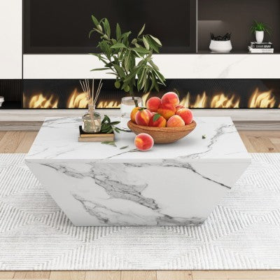 Marbling Veneer  PVC Coffee Table For Living Room Tea Table Large Side Table With 2 Cabinet White Square Nesting Table Side Table Wooden Centre Table Console Sofa Table With Storage 70x70x36cm
