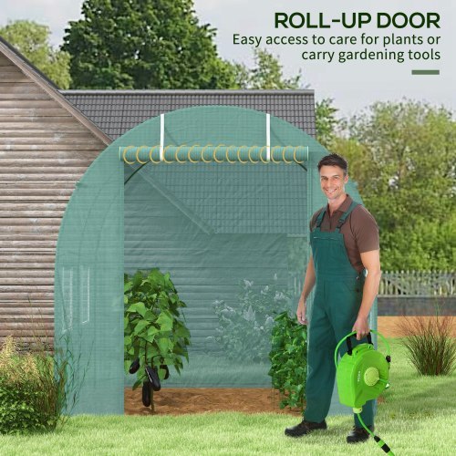 Outsunny 2.45 X 2m Polytunnel Greenhouse, Walk-in Greenhouse With Large Roll-Up Door  Windows, Plastic Cover, Steel Frame, Easy Access  Ventilation, Green