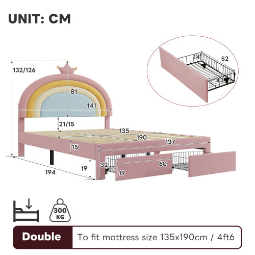 4ft6 Double Upholstered Bed With Adjustable Rainbow Headboard, Soft Velvet Bed Frame With Storage Drawer, Stylish Rainbow Headboard With Crown, No Box Spring Needed, Easy Assembly