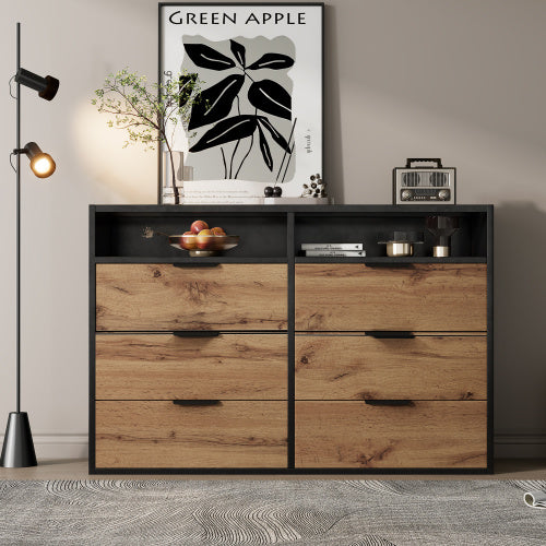 Sideboard Cabinet Dresser With 6 Drawers And 2 Open Shelves ,Amber Glass Chest Of Drawers, Anti-tip,Dressing Table For Living Room, Bedroom, And Children's Room, 120 X 40 X 80 Cm, Oak