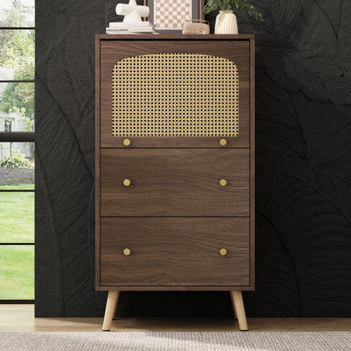 Breathable Rattan Storage Sideboard, 2 Drawer 1 Upward Flip Door Storage Bookcase Cabinet,Particleboard Freestanding Display Organiser Cupboard For Bedroom, Kitchen &Living Room, L 60 XW 40 XH 113 Cm