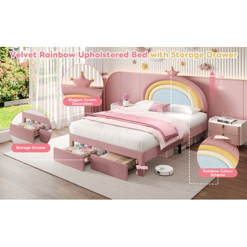 4ft6 Double Upholstered Bed With Adjustable Rainbow Headboard, Soft Velvet Bed Frame With Storage Drawer, Stylish Rainbow Headboard With Crown, No Box Spring Needed, Easy Assembly