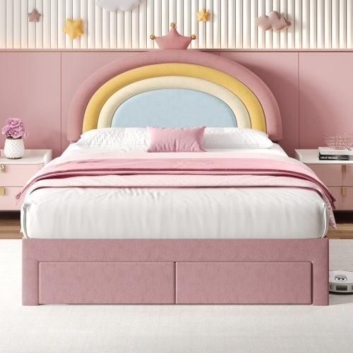 4ft6 Double Upholstered Bed With Adjustable Rainbow Headboard, Soft Velvet Bed Frame With Storage Drawer, Stylish Rainbow Headboard With Crown, No Box Spring Needed, Easy Assembly