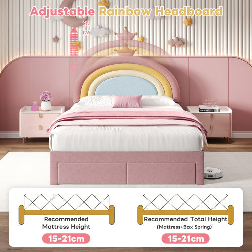 4ft6 Double Upholstered Bed With Adjustable Rainbow Headboard, Soft Velvet Bed Frame With Storage Drawer, Stylish Rainbow Headboard With Crown, No Box Spring Needed, Easy Assembly