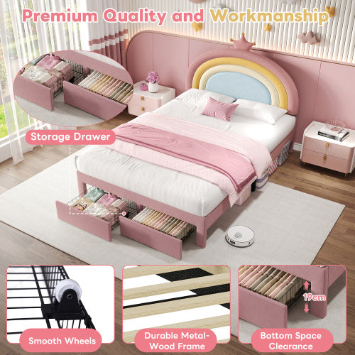 4ft6 Double Upholstered Bed With Adjustable Rainbow Headboard, Soft Velvet Bed Frame With Storage Drawer, Stylish Rainbow Headboard With Crown, No Box Spring Needed, Easy Assembly