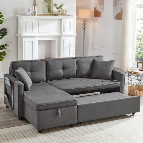 L-Shaped Pull Out Sleep Sofabed, Modern Reversible Sleeper Sectional Sofa, 3 In 1 Convertible Sofa Bed With Storage Chaise, Drop-Down Table, Cup Holders And Charging Ports, Grey