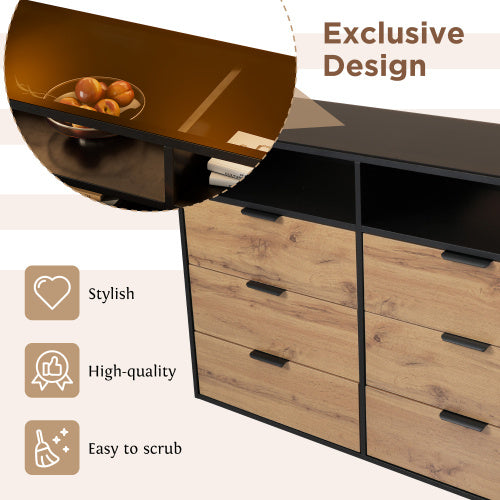 Sideboard Cabinet Dresser With 6 Drawers And 2 Open Shelves ,Amber Glass Chest Of Drawers, Anti-tip,Dressing Table For Living Room, Bedroom, And Children's Room, 120 X 40 X 80 Cm, Oak