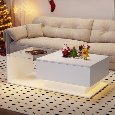 LED Coffee Table, Modern High Gloss Coffee Table, Center Table With Glass, Modern Coffee Table For Living Room With Drawer White