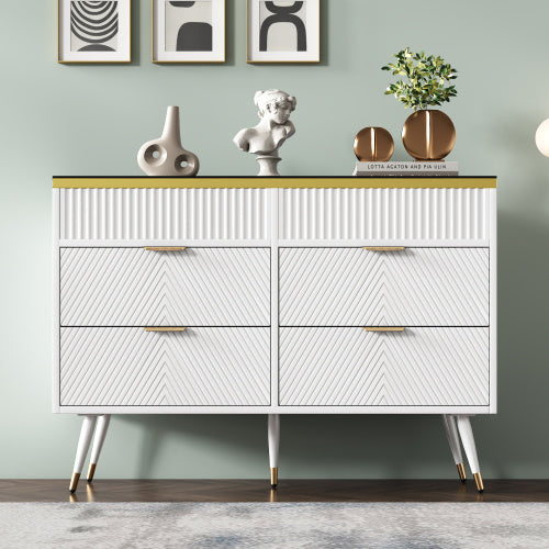 Sideboard Cabinet Dresser With 6 Drawers,Amber Glass Chest Of Drawers, Compartmentalised Storage,Anti-tip,Dressing Table For Living Room, Hallway, Bedroom, And Children's Room, 120 X 40 X 76 Cm, White