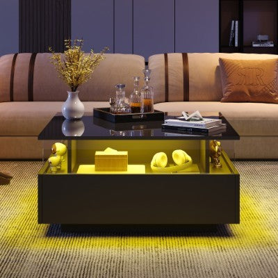 Coffee Table With Storage For Living Room, Modern LED Coffee Table, Square Tea Table With 2 Sliding Drawers Wood Center Table Acrylic Glass Coffee Table