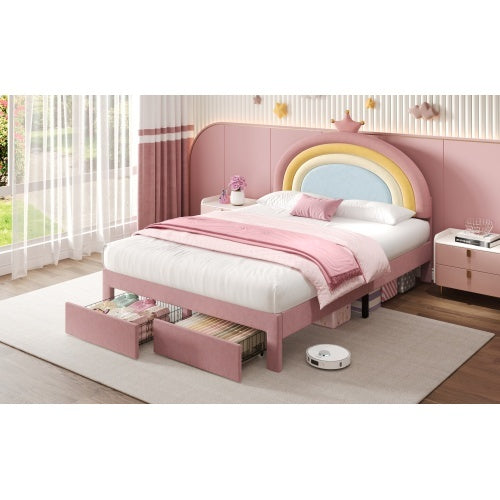 4ft6 Double Upholstered Bed With Adjustable Rainbow Headboard, Soft Velvet Bed Frame With Storage Drawer, Stylish Rainbow Headboard With Crown, No Box Spring Needed, Easy Assembly