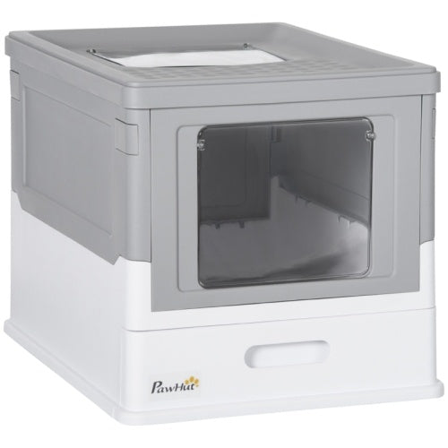 PawHut Hooded Cat Litter Box, Portable Pet Toilet, With Scoop, Front Entry - Grey