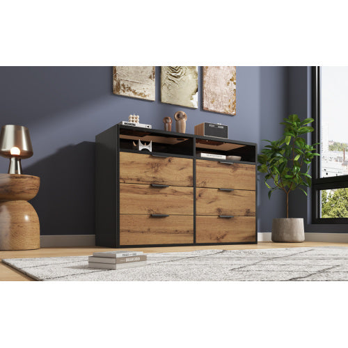 Sideboard Cabinet Dresser With 6 Drawers And 2 Open Shelves ,Amber Glass Chest Of Drawers, Anti-tip,Dressing Table For Living Room, Bedroom, And Children's Room, 120 X 40 X 80 Cm, Oak