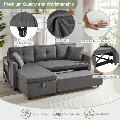 L-Shaped Pull Out Sleep Sofabed, Modern Reversible Sleeper Sectional Sofa, 3 In 1 Convertible Sofa Bed With Storage Chaise, Drop-Down Table, Cup Holders And Charging Ports, Grey