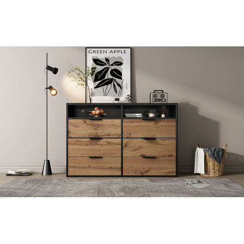 Sideboard Cabinet Dresser With 6 Drawers And 2 Open Shelves ,Amber Glass Chest Of Drawers, Anti-tip,Dressing Table For Living Room, Bedroom, And Children's Room, 120 X 40 X 80 Cm, Oak