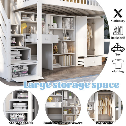 Kids Study Bed With Desk & Stairs - Children's Multifunctional Single Bed Frame UK 90x190cm, Solid Wood & MDF Construction, Built-in Wardrobe & Lockers, White Storage Bed No Mattress Included