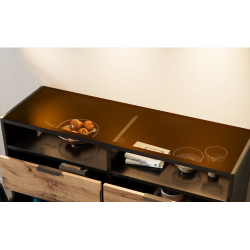 Sideboard Cabinet Dresser With 6 Drawers And 2 Open Shelves ,Amber Glass Chest Of Drawers, Anti-tip,Dressing Table For Living Room, Bedroom, And Children's Room, 120 X 40 X 80 Cm, Oak