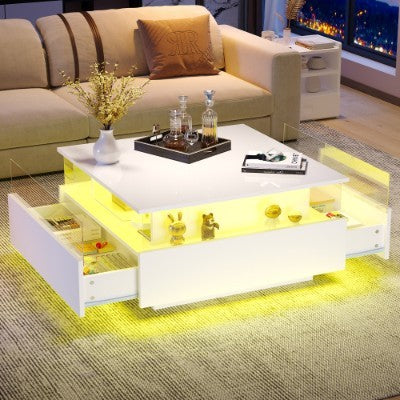 Coffee Table With Storage For Living Room, Modern LED Coffee Table, Square Tea Table With 2 Sliding Drawers Wood Center Table Acrylic Glass Coffee Table