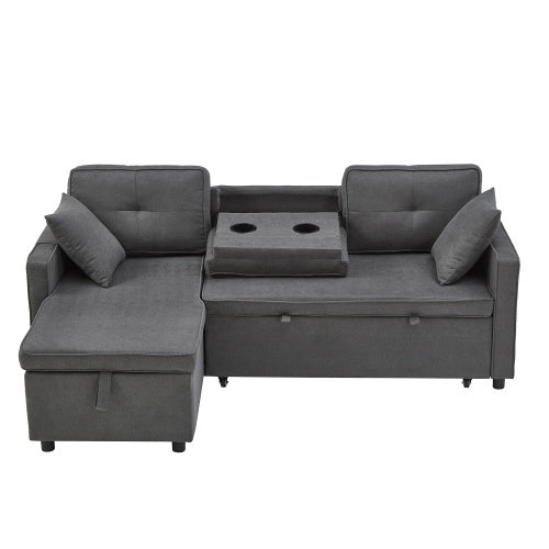L-Shaped Pull Out Sleep Sofabed, Modern Reversible Sleeper Sectional Sofa, 3 In 1 Convertible Sofa Bed With Storage Chaise, Drop-Down Table, Cup Holders And Charging Ports, Grey