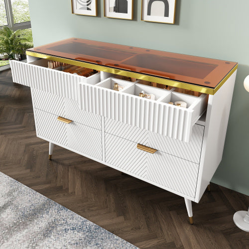 Sideboard Cabinet Dresser With 6 Drawers,Amber Glass Chest Of Drawers, Compartmentalised Storage,Anti-tip,Dressing Table For Living Room, Hallway, Bedroom, And Children's Room, 120 X 40 X 76 Cm, White