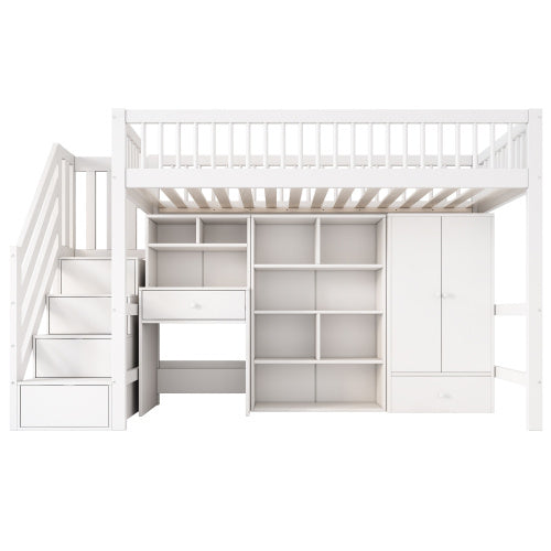 Kids Study Bed With Desk & Stairs - Children's Multifunctional Single Bed Frame UK 90x190cm, Solid Wood & MDF Construction, Built-in Wardrobe & Lockers, White Storage Bed No Mattress Included