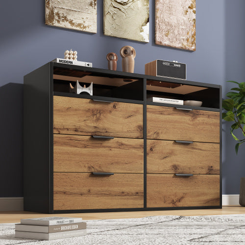 Sideboard Cabinet Dresser With 6 Drawers And 2 Open Shelves ,Amber Glass Chest Of Drawers, Anti-tip,Dressing Table For Living Room, Bedroom, And Children's Room, 120 X 40 X 80 Cm, Oak