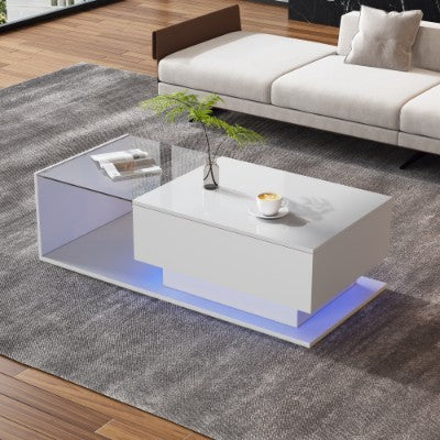 LED Coffee Table, Modern High Gloss Coffee Table, Center Table With Glass, Modern Coffee Table For Living Room With Drawer White