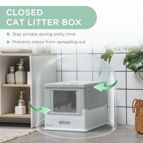 PawHut Hooded Cat Litter Box, Portable Pet Toilet, With Scoop, Front Entry - Grey