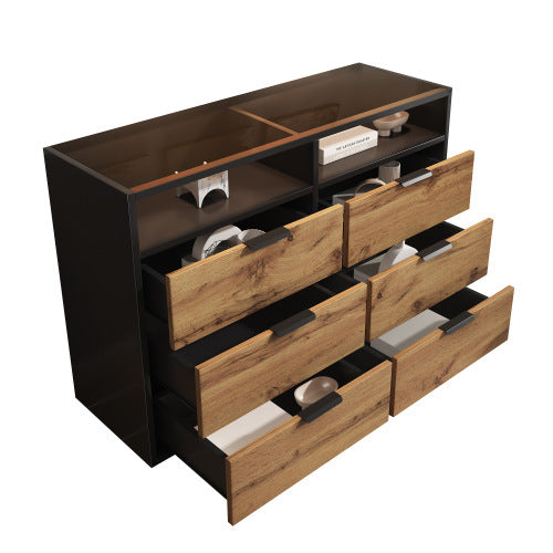 Sideboard Cabinet Dresser With 6 Drawers And 2 Open Shelves ,Amber Glass Chest Of Drawers, Anti-tip,Dressing Table For Living Room, Bedroom, And Children's Room, 120 X 40 X 80 Cm, Oak