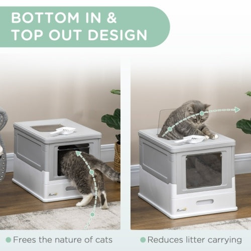 PawHut Hooded Cat Litter Box, Portable Pet Toilet, With Scoop, Front Entry - Grey