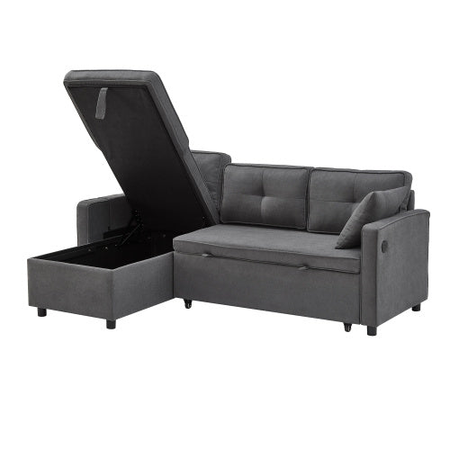 L-Shaped Pull Out Sleep Sofabed, Modern Reversible Sleeper Sectional Sofa, 3 In 1 Convertible Sofa Bed With Storage Chaise, Drop-Down Table, Cup Holders And Charging Ports, Grey