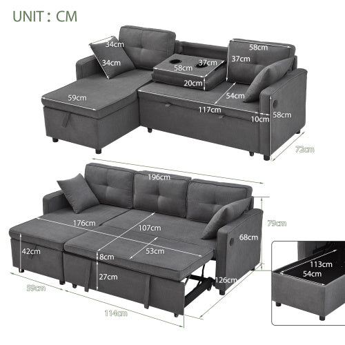 L-Shaped Pull Out Sleep Sofabed, Modern Reversible Sleeper Sectional Sofa, 3 In 1 Convertible Sofa Bed With Storage Chaise, Drop-Down Table, Cup Holders And Charging Ports, Grey