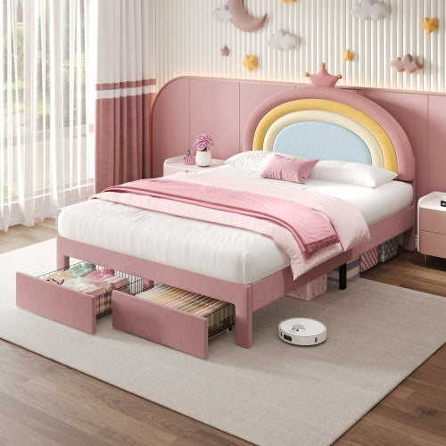 4ft6 Double Upholstered Bed With Adjustable Rainbow Headboard, Soft Velvet Bed Frame With Storage Drawer, Stylish Rainbow Headboard With Crown, No Box Spring Needed, Easy Assembly