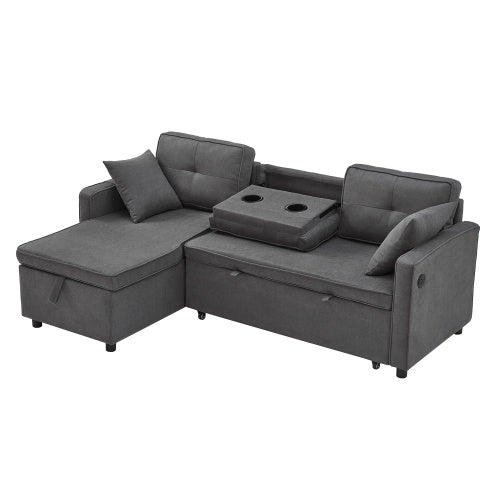 L-Shaped Pull Out Sleep Sofabed, Modern Reversible Sleeper Sectional Sofa, 3 In 1 Convertible Sofa Bed With Storage Chaise, Drop-Down Table, Cup Holders And Charging Ports, Grey