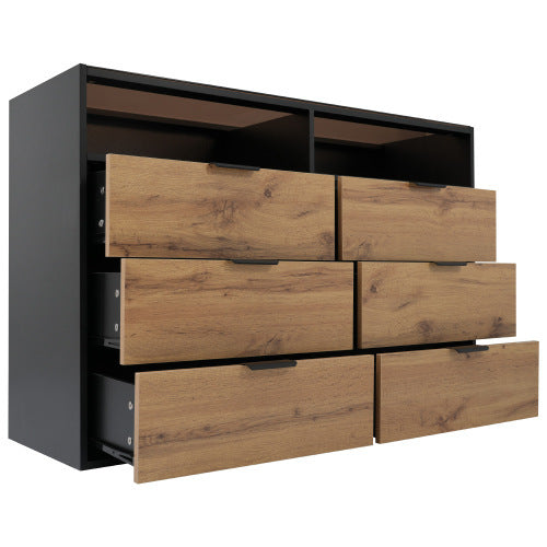 Sideboard Cabinet Dresser With 6 Drawers And 2 Open Shelves ,Amber Glass Chest Of Drawers, Anti-tip,Dressing Table For Living Room, Bedroom, And Children's Room, 120 X 40 X 80 Cm, Oak