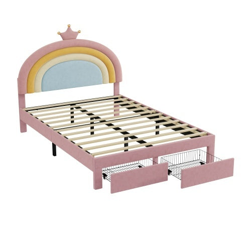 4ft6 Double Upholstered Bed With Adjustable Rainbow Headboard, Soft Velvet Bed Frame With Storage Drawer, Stylish Rainbow Headboard With Crown, No Box Spring Needed, Easy Assembly