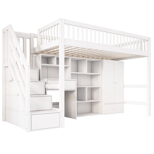 Kids Study Bed With Desk & Stairs - Children's Multifunctional Single Bed Frame UK 90x190cm, Solid Wood & MDF Construction, Built-in Wardrobe & Lockers, White Storage Bed No Mattress Included