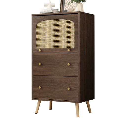 Breathable Rattan Storage Sideboard, 2 Drawer 1 Upward Flip Door Storage Bookcase Cabinet,Particleboard Freestanding Display Organiser Cupboard For Bedroom, Kitchen &Living Room, L 60 XW 40 XH 113 Cm