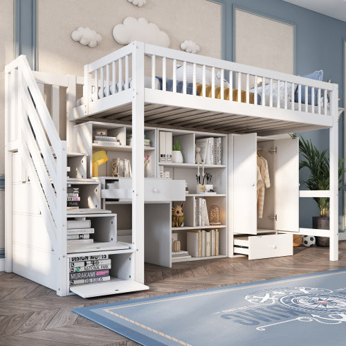 Kids Study Bed With Desk & Stairs - Children's Multifunctional Single Bed Frame UK 90x190cm, Solid Wood & MDF Construction, Built-in Wardrobe & Lockers, White Storage Bed No Mattress Included