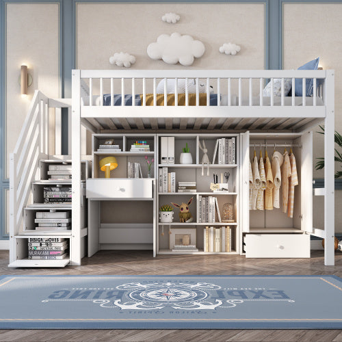 Kids Study Bed With Desk & Stairs - Children's Multifunctional Single Bed Frame UK 90x190cm, Solid Wood & MDF Construction, Built-in Wardrobe & Lockers, White Storage Bed No Mattress Included